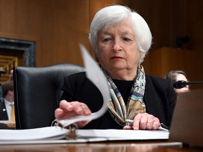 US Treasury Secretary Janet Yellen prepares to testify before the Senate Finance Committee on the proposed budget request for 2024, on Capitol Hill in Washington, DC, March 16, 2023. (Photo by Andrew Caballero-Reynolds / AFP)