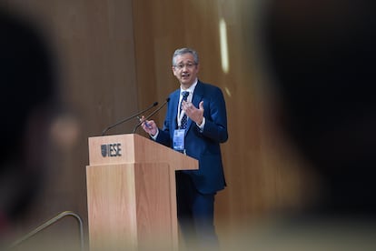 Pablo Hernández de Cos, gobernador del Banco de España, durante su intervención en el foro IESE Banking, este miércoles en Madrid.