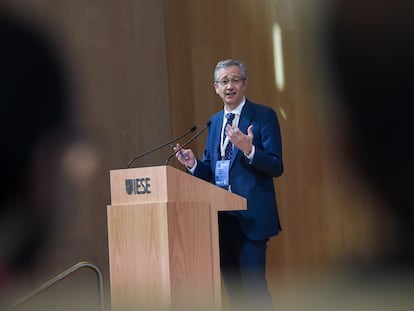 Pablo Hernández de Cos, gobernador del Banco de España, durante su intervención en el foro IESE Banking, este miércoles en Madrid.