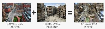 Ejemplo de cómo se ha transformado la imagen de la ciudad de Boston (EE UU) a partir de otra de Homs (Siria).