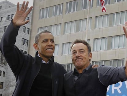 Barack Obama e Bruce Springsteen durante um show do cantor, em 2012.