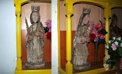 Imagen de Santa Bárbara, patrona de los artilleros, mineros y canteros. Esta elaborada con madera policromada. La figura se encuentra dañada por pérdida de material y policromía, con grieta longitudinal en el frente que llega desde la base hasta el cuello, y algunas menores en el rostro y costado izquierdo. La Jefatura de Policía Judicial solicita su colaboración.