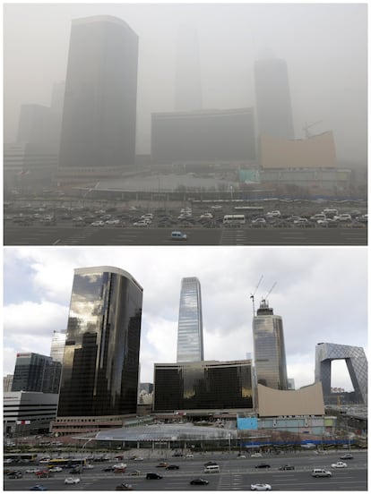 A combination photo shows vehicles traveling past the Central Business District (CBD) area on a smoggy day on December 1, 2015 (top), and on a sunny day on December 2, 2015 (bottom), after a fresh cold front cleared the smog that was blanketing Beijing, China. REUTERS/Jason Lee