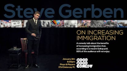 Cartel promocional de uno de los shows de Steve Gerben sobre migraciones.