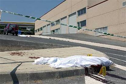 Los cuerpos de Mercedes Galdeano (primer término) y de Carlos Galdeano (al fondo) yacen en una calle de Ayegui.