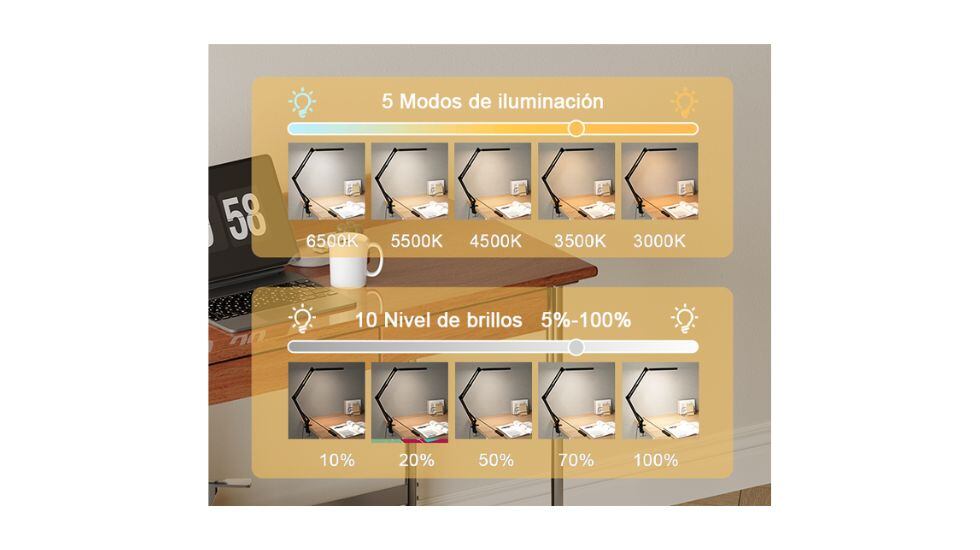 Cinco modos de iluminación y diez niveles de brillo.