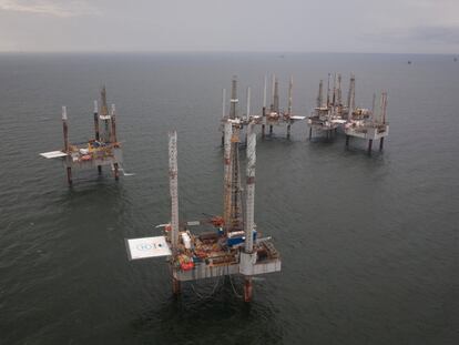 Unused oil rigs sit in the Gulf of Mexico near Port Fourchon, Louisiana August 11, 2010.