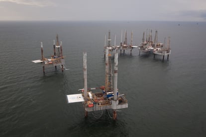 Unused oil rigs sit in the Gulf of Mexico near Port Fourchon, Louisiana August 11, 2010