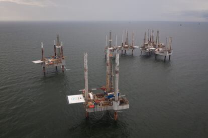 Unused oil rigs sit in the Gulf of Mexico near Port Fourchon, Louisiana August 11, 2010