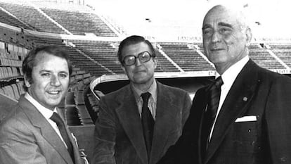 Los tres candidatos a las elecciones del Barça en 1978, Nicolau Casaus, José Luis Núñez y Ferrán Ariño.