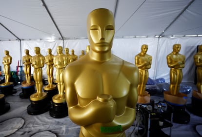 Oscar statues are seen before being placed out for display, as preparations continue for the 95th Academy Awards in Hollywood, Los Angeles, California, U.S., March 9, 2023.