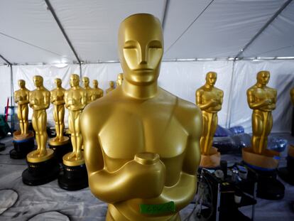 Oscar statues are seen before being placed out for display, as preparations continue for the 95th Academy Awards in Hollywood, Los Angeles, California, U.S., March 9, 2023.