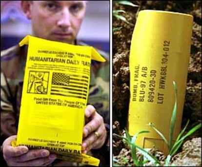 Un paquete con alimentos del Ejército de EE UU (a la izquierda), junto a uno de los artefactos de una bomba de racimo.