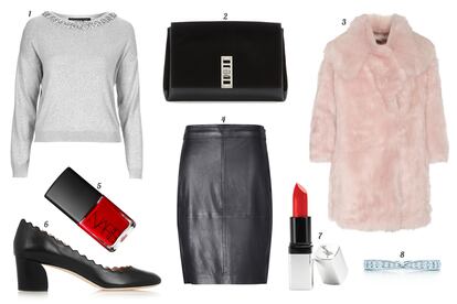 1. Topshop Jersey con pedrera en el cuello. 2. Proenza Schouler Clutch de ante y piel con cierre metlico. 3. Miu Miu Abrigo de pelo. 4. Mango Falda lpiz efecto piel. 5. NARS Laca de u?as 'Iconic Color'. 6. Chlo Zapato de piel con ribete ondulado y tacn ancho. 7. Barry M Barra de labios. 8. Tiffany & Co. Anillo de oro blanco y brillantes.