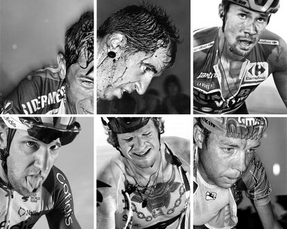 De izquierda a derecha y de arriba a abajo: el italiano Paolo Bossini, en 2002; el suizo Oscar Camenzind, en 2002; el esloveno Primoz Roglic, en 2020; el francés Victor Lafay, en 2020; el alemán Jasha Sütterlin, en 2020; y el italiano Massimo Codol, en 2002.