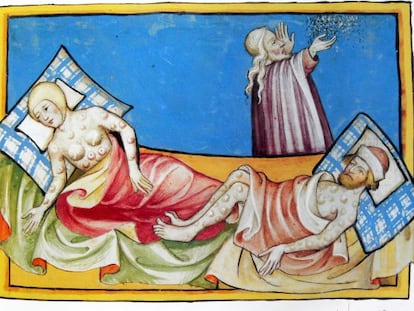 Miniatura de la Biblia de Toggenburg (Suiza, 1411) que habitualmente se interpreta como representaci&oacute;n de la peste negra aunque podr&iacute;a tratarse de la viruela.
 
 