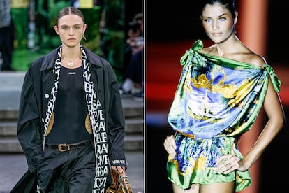 A la izquierda, Mingus Lucien Reedus en el desfile de la colección masculina primavera-verano 2023 de Versace de la semana de la moda de Milán. A la derecha, su madre, Helena Christensen, en el desfile de primavera 1993 de la misma firma. La danesa (que ahora tiene 54 años) no dejó de copar portadas y desfiles en los noventa, y su hijo, nacido en 1999 de su relación con el actor Norman Reedus (conocido por The Walking Dead), ha decidido seguir sus pasos. Para hacerlo, ha contado con el apoyo de Christensen: en 2021 protagonizaron juntos la campaña del Día de la Madre de Victoria's Secret. Este año, el joven ha desfilado para Thom Browne.