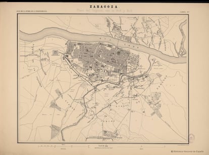 Plano de Zaragoza en Atlas de la Guerra de Independencia, 1868-1903, por José Gómez de Arteche y Moro.