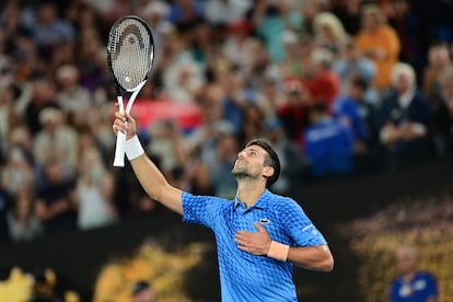 Djokovic celebra la victoria en el Open de Australia tras ganar al griego Stefanos Tsitsipas por (3-6, 6-7 y 6-7).