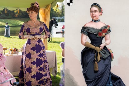 La ambiciosa Portia, la matrona del clan Featherington, tiene un vestuario muy propio, que la aleja del resto de personajes. Además del color intenso de su armario y los llamativos estampados, ella luce una silueta eduardiana que no estaría de moda hasta unos setenta años después. En la imagen, uno de sus encorsetados vestidos junto a un retrato de la hija mayor de la reina Victoria en 1884.