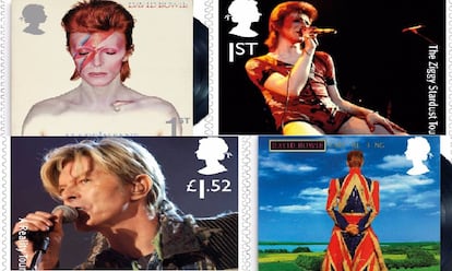 Sellos de la serie sobre David Bowie emitida por el servicio postal británico.