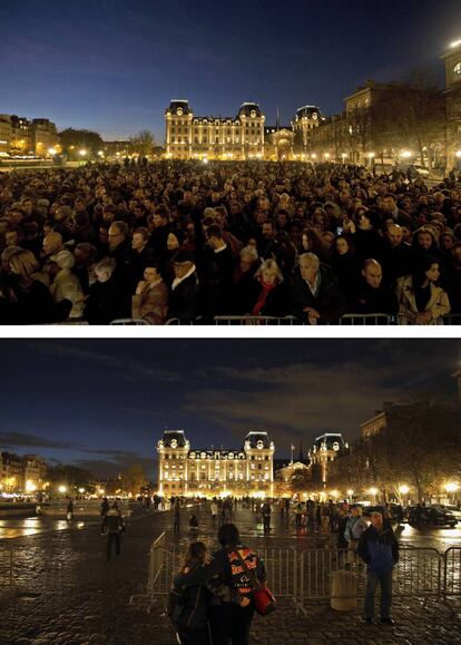 En la parte superior, personas reunidas el 15 de noviembre en la catedral de Notre Dame de París en honor a las víctimas del atentado terrorista. En la parte inferior, personas caminando en los alrededores de la misma catedral.