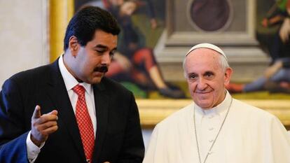 Pope Francis speaks with Venezuelan President Nicolás Maduro during a private audience in the pontiff's library on June 17.