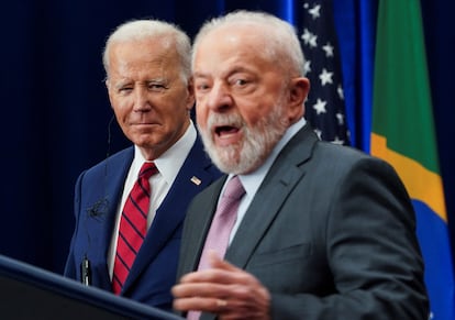 President Joe Biden listens to his Brazilian counterpart, Lula da Silva, on Wednesday in New York.