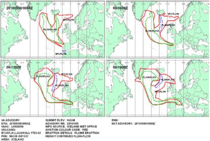 Gráfico del Centro de Aviso de Cenizas Volcánicas de Londres (VAAC, por sus siglas en inglés) sobre la evolución del área afectada por las cenizas del volcán islandés Eyjafjalla entre las 18.00 GMT de hoy (dos horas más en la España peninsular) y las 12.00 GMT de mañana.