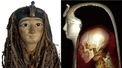 La máscara de la momia de Amenofis I y la vista con escáner del interior.