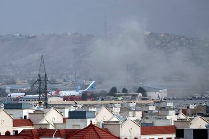 Smoke rises from a deadly explosion outside the airport in Kabul, Afghanistan, Aug. 26, 2021