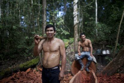 Un leñador posa junto a su hijo mientras construye un bote con madera de 'lagarto' en las faldas del río Purus, en Ucayali, Perú.