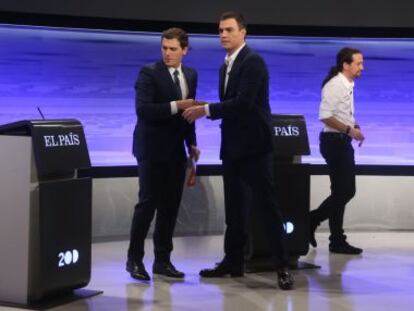 Pedro Sánchez y Pablo Iglesias en el debate de EL PAÍS, el pasado 30 de noviembre.