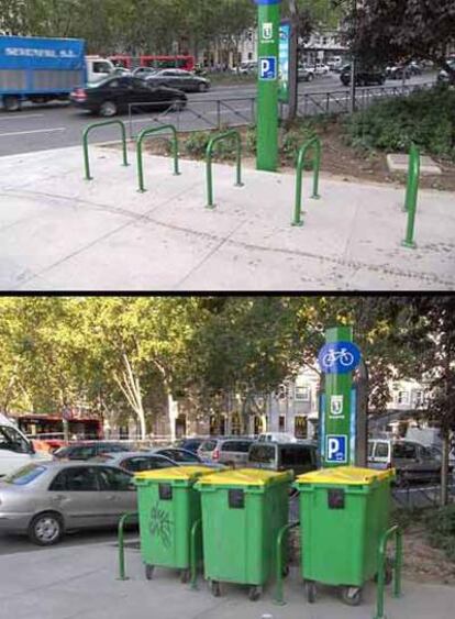 Las dos fotografías del aparcamiento de bicicletas cedidas por CC OO.