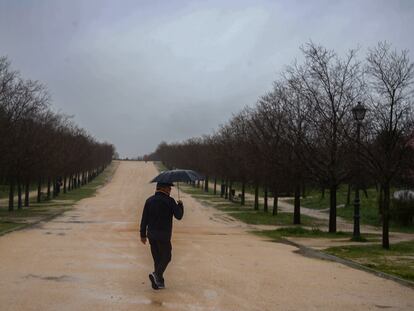 Un hombre pasea por el tramo del bosque metropolitano en Villaverde en Madrid.