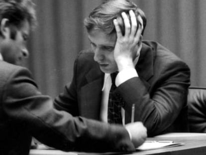 Spassk y Fischer, en sus partidas en Islandia, en 1972.