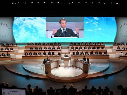 El presidente franc&eacute;s, Emmanuel Macron, pronuncia un discurso durante la cumbre de Par&iacute;s.
 