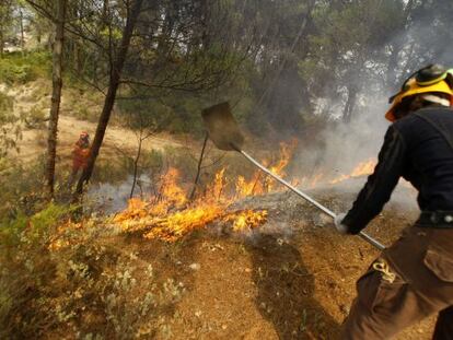 A man fights to put out the blaze in La Torre de les Ma&ccedil;anes (Alicante).