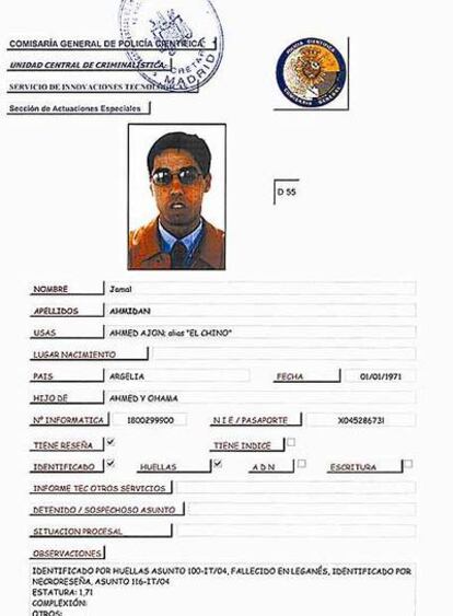 Ficha policial de Jamal Ahmidan, <i>El Chino.</i>