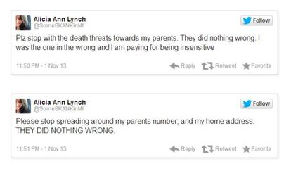 Tuits de Alicia Ann Lynch pidiendo que pare el acoso.
