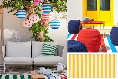 Para llevar la brisa mediterránea a tu casa: lámpara de techo SOLVINDEN (8€), funda de cojín de rayas verdes SOMMAR (5 €), alfombra de rayas de colores SOMMAR (29,99 €) y alfombra de rayas amarilla SOMMAR (9 €).