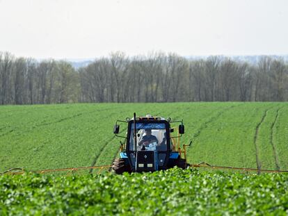 Un agricultor ucranio trabajando en sus campos en la región de Kiev