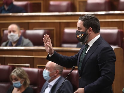 El presidente de Vox, Santiago Abascal, interviene desde su escaño.