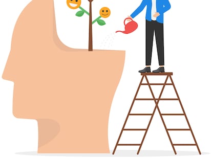 Wellbeing, happiness or positive attitude, relaxation to reduce anxiety, increasing positive emotion, feeling or mental wellbeing concept, man watering brain growing happy smiling face seedling plant.