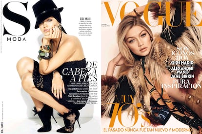 Gigi ha protagonizado numerosas portadas internacionales. En la imagen, en las cubiertas de ‘S Moda’ y ‘Vogue España’.