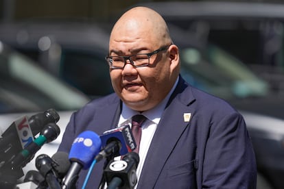 Former President Donald Trump's campaign spokesman Steven Cheung speaks to reporters across the street from Trump's criminal trial in New York, Tuesday, May 28, 2024. (AP Photo/Seth Wenig)