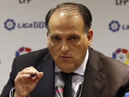El presidente de la LFP, Javier Tebas, en la rueda de prensa en la que explicó la no inscripción del Murcia en Segunda