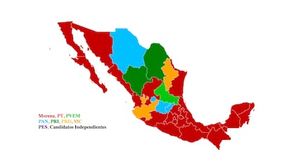 Mapa de los partidos que gobiernan las entidades federativas de México tras las elecciones generales de 2024.