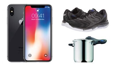 A la izquierda, el iPhone X de 64 GB, a la derecha (arriba) las zapatillas de ‘running’ New Balance y abajo, la olla a presión Kuhn Rikon Duromatic.