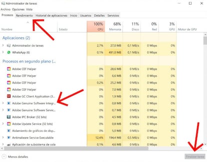 Administrador de tareas de Windows 10.